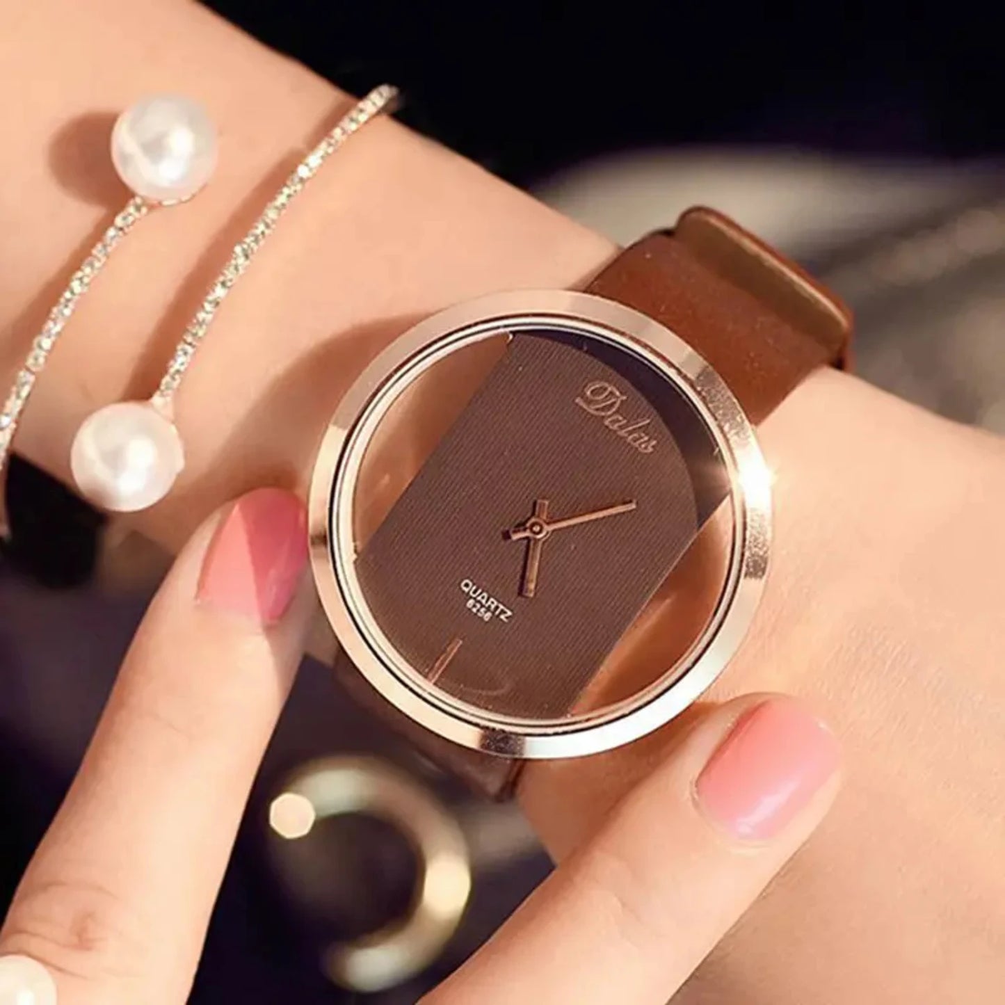 Hollow Belt Quartz Watch + Pearl Zicron Bracelet 2pcs/set