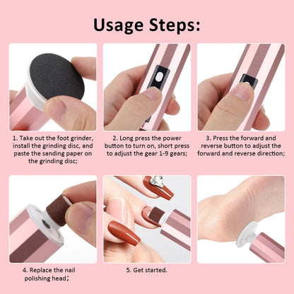 Wireless Foot Care File Leg Heels Remove USB Rechargeable Dead Skin Pedicure Tool with Replacement Sandpaper Foot Care Tool