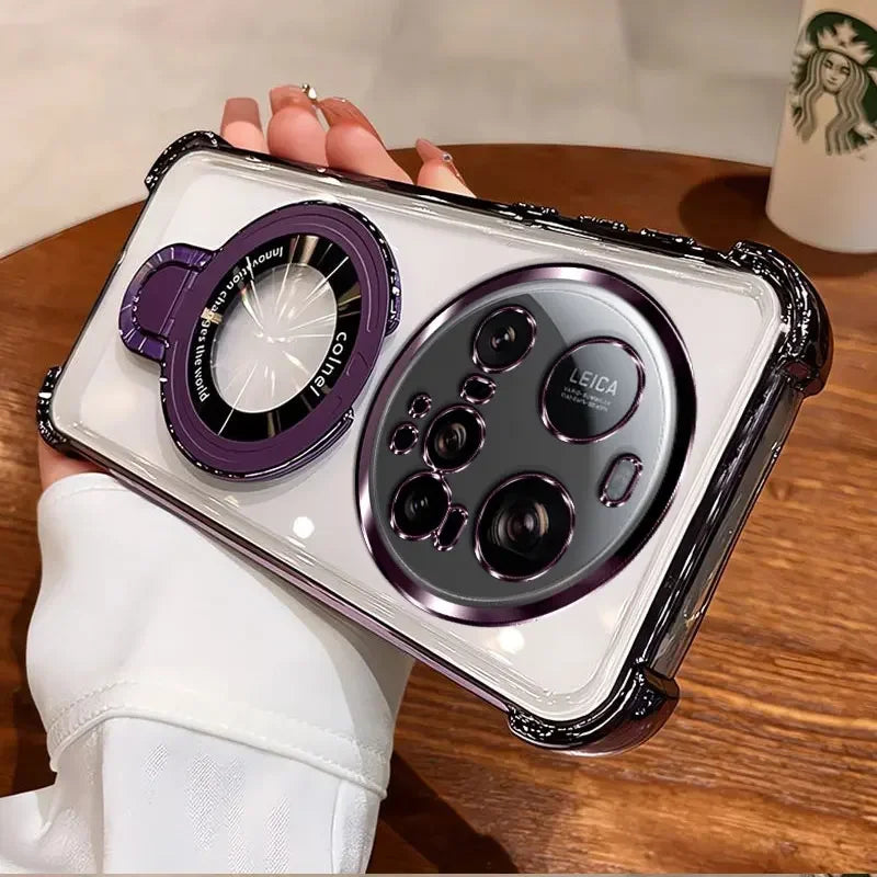 For Xiaomi 15 Ultra Case Magnetic Holder Luxury Plating Airbag Soft Silicone Transparent Camera Protection Shockproof Back Cover