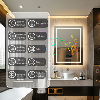 Smart LED Bathroom Mirror Rectangle Wall Mount Mirror w Bluetooth Speaker,Time,Temperature,Light Memory,Front & Backlit,Anti-Fog