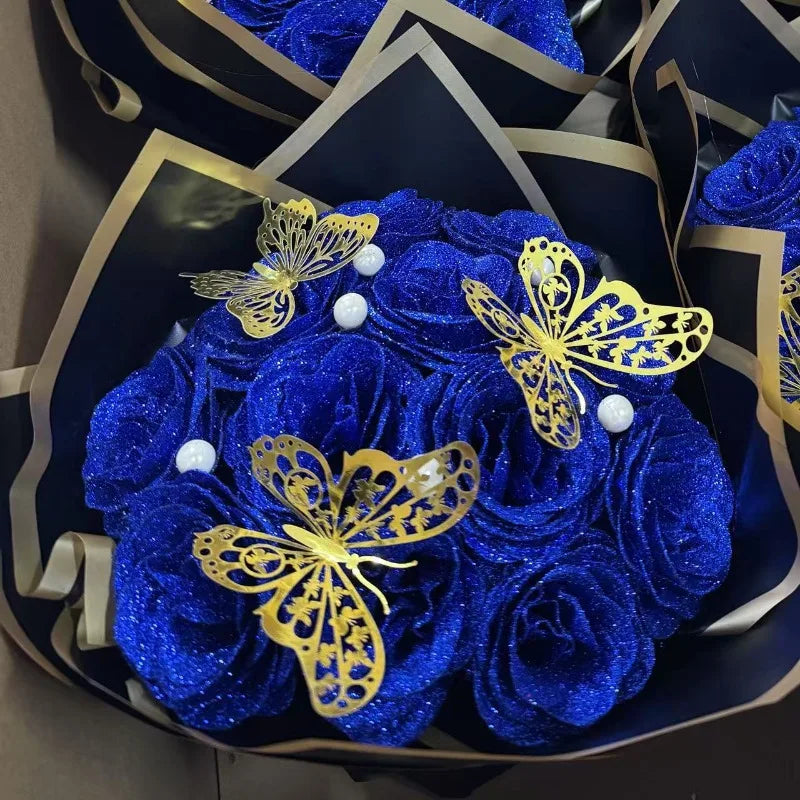 12/24PC Glitter Roses Artificial Flowers DIY Bouquet Everlasting Fake Flower for Wedding Anniversary Valentines Day Mothers Gift