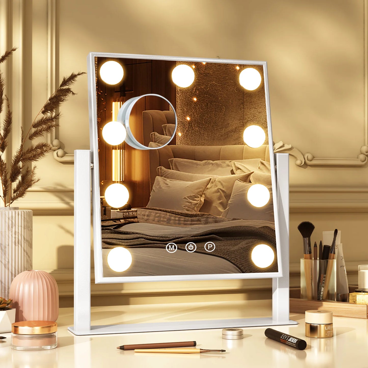 Vanity Mirror Hollywood Light up Makeup Mirror with LED Bulbs Dimmable 3 Modes 360° Rotation Magnifying Mirror 10x