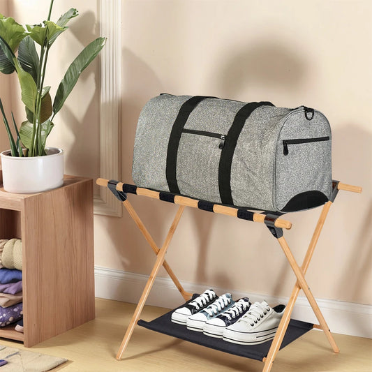 Bamboo Suitcase Stand Foldable Luggage Stand with Nylon Straps Suitcase Holder Suitable for Guest Room Bedroom Hotel