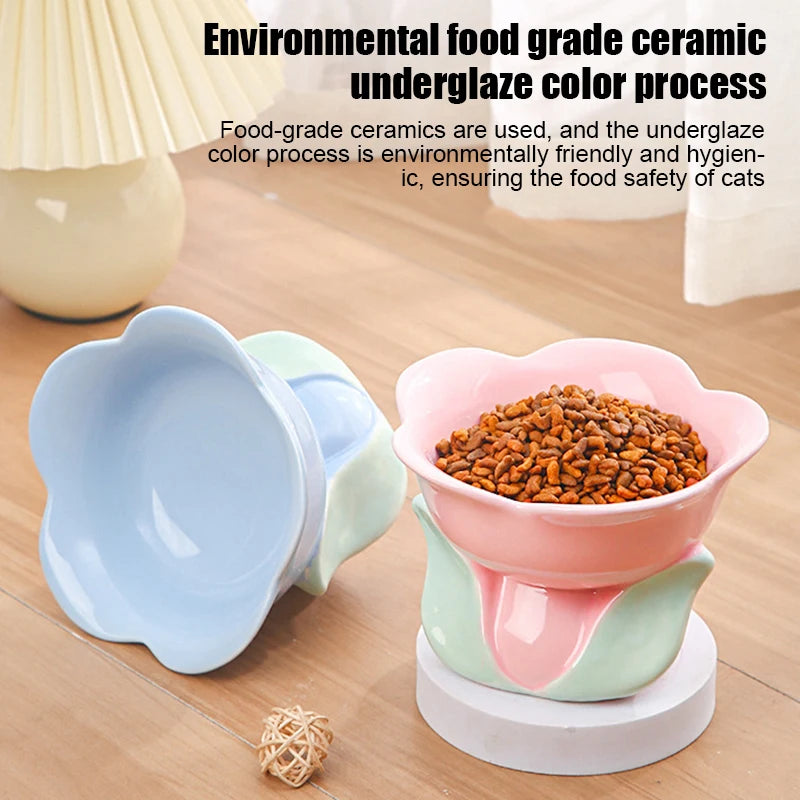 Cat Flower Bowl Raised Ceramic Pet Drinking Eating Feeders Small Dogs Elevated Non-slip Feeding Supplies Cats Puppy Products