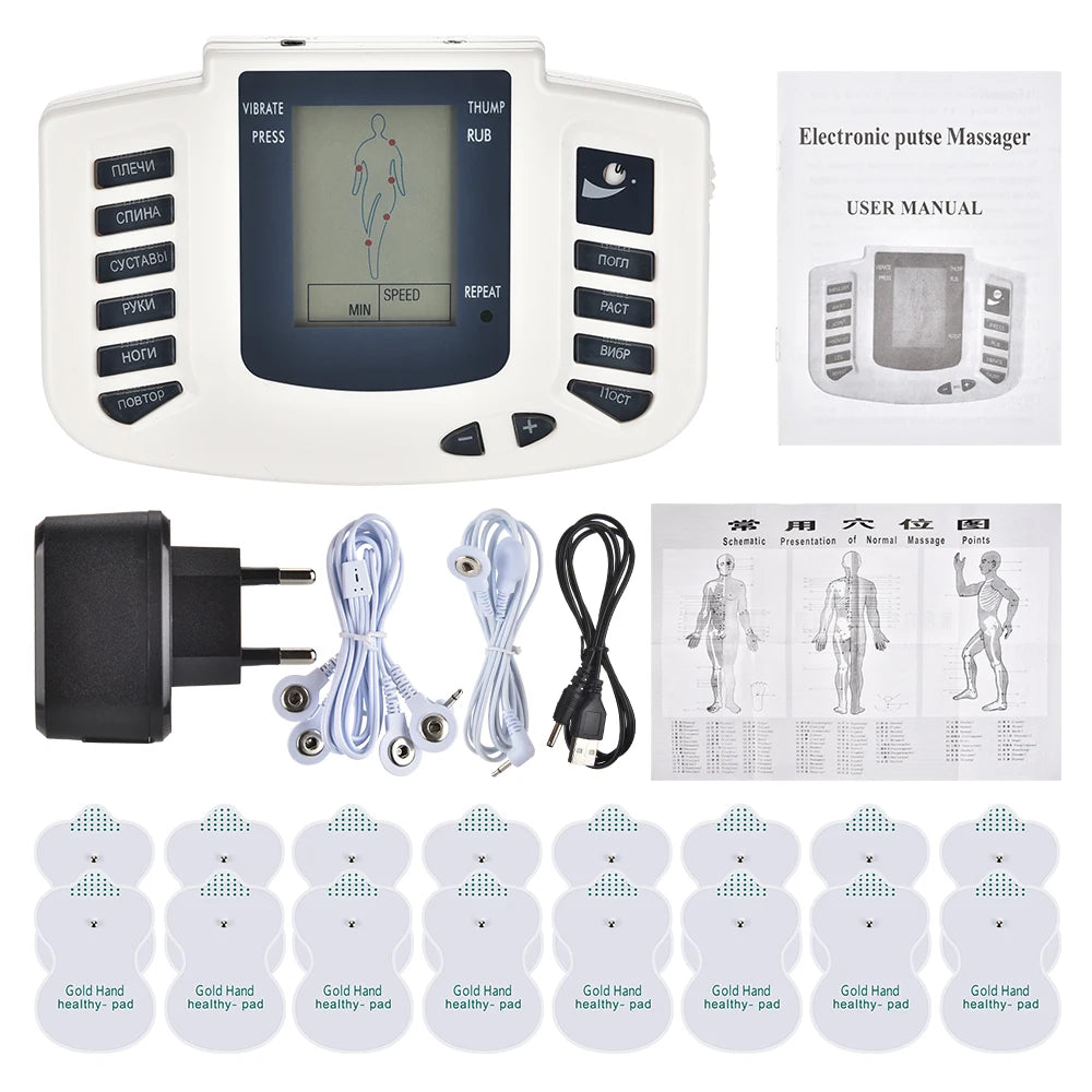 JR309 EMS Tens Massage Unit +16 Pads Russian Electrical Pulse Acupuncture Full Body Relax Muscle Massager Stimulator