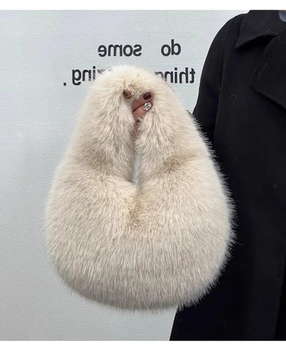 Winter Casual Furry Shoulder Bags for Women Solid Color Soft Plush Ladies Clutch Purse Handbags Lightweight Female Hobos Bag