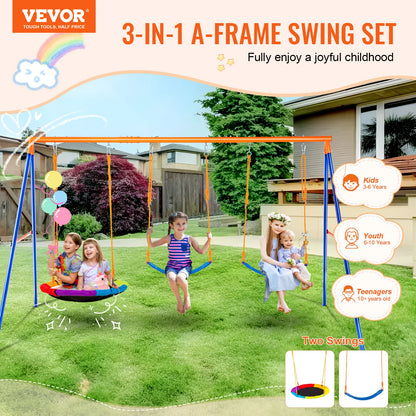SucceBuy Swing Sets for Backyard 600lbs Capacity Swing Set with 1 Saucer Swing Seat 2 Belt Swing Seats Swingset Outdoor for Kids