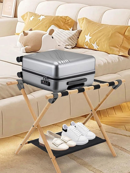 Bamboo Suitcase Stand Foldable Luggage Stand with Nylon Straps Suitcase Holder Suitable for Guest Room Bedroom Hotel