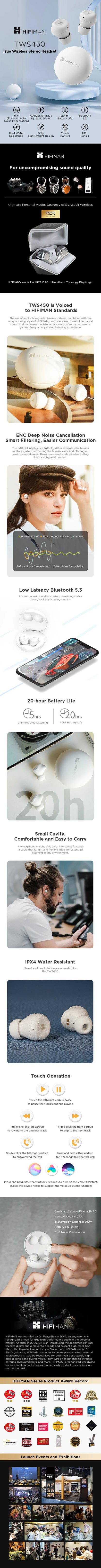 HIFIMAN TWS450 True Wireless Stereo Headset with Environmental Noise Cancellation & Audiophile-grade Dynamic Driver