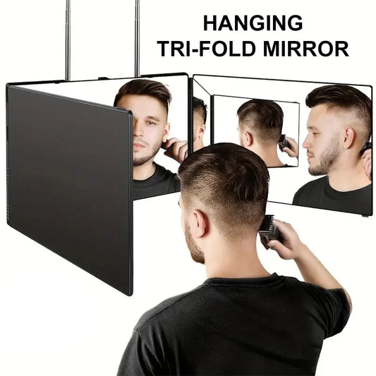 Black Portable 360 Trifold Mirror Adjustable Height for Men and Women Self Hair Cutting Makeup Essential Fordable Vanity Mirror