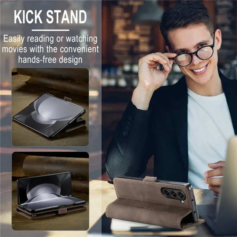 CaseMe Retor Leather Wallet Card Slot Phone Case for Samsung Galaxy Z Fold 7 6 5 4 Fold5 Fold6 Shockproof Flip Stand Cover Coque