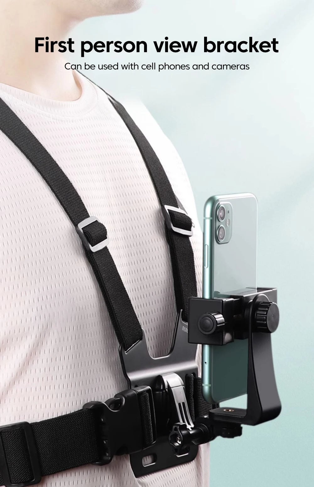Adjustable phone clip stand with chest strap, fixed bracket for cycling, sports, climbing, and camera phones, chest phone mount.