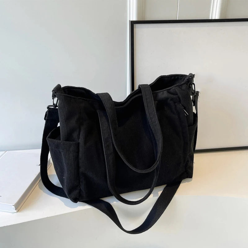 Women Corduroy Tote Bag Casual Multi Pocket Handbag Adjustable Strap Crossbody Sling Bag Zipper Shoulder Bag Fall Winter Bag