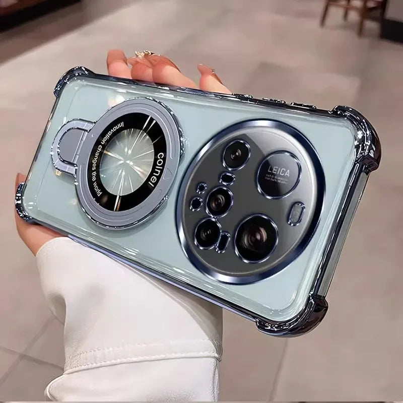 For Xiaomi 15 Ultra Case Magnetic Holder Luxury Plating Airbag Soft Silicone Transparent Camera Protection Shockproof Back Cover