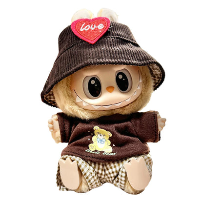 Mini Plush Doll Overall Decorative Kawaii Doll Clothes DIY Cute Plushies Outfit with Hat Cartoon Animal Toy Dress for Home Decor
