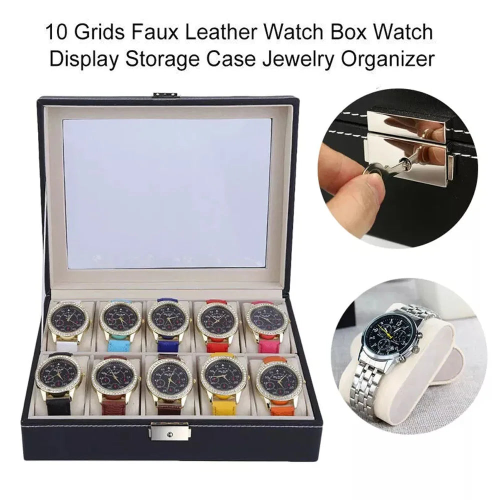 10 Grids Watch Box Luxury PU Leather Display Case Organizer Top Glass Jewelry Collection Storage Holder Box Black