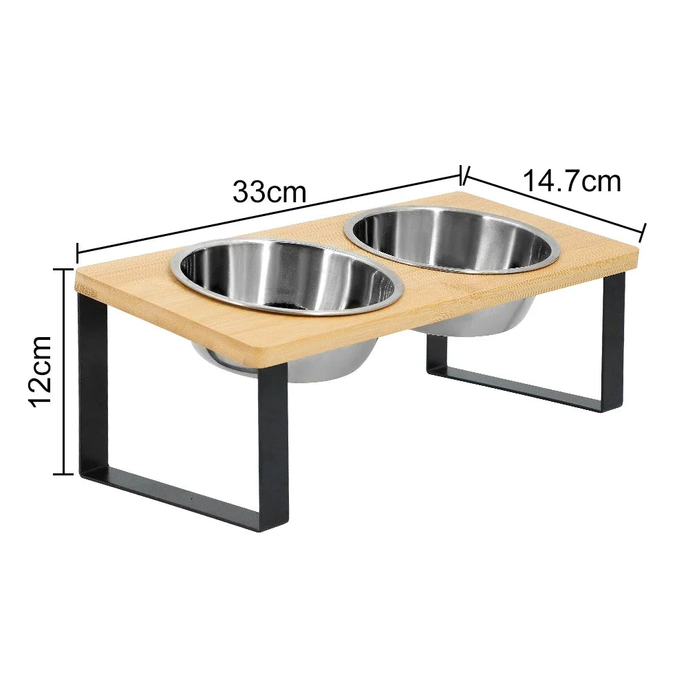 Elevated Cat Bowls 15° Tilted Raised Cat Food Bowls with Wooden Stand Anti Vomiting 2 Stainless Steel Bowls for Cats and Puppy