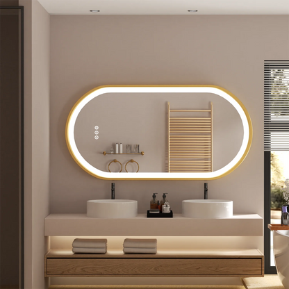 Gold Frame Oval Bathroom Mirror LED Lighted Anti-Fog Smart Vanity Mirror Anti-fog Dimmable Illuminated Innovative Makeup Mirror