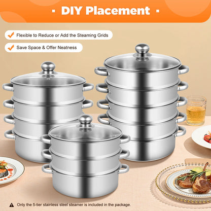 5-Tier Stainless Steel Food Steamer 26cm Meat Vegetable Steamer Pot Kitchen Cookware with Lid