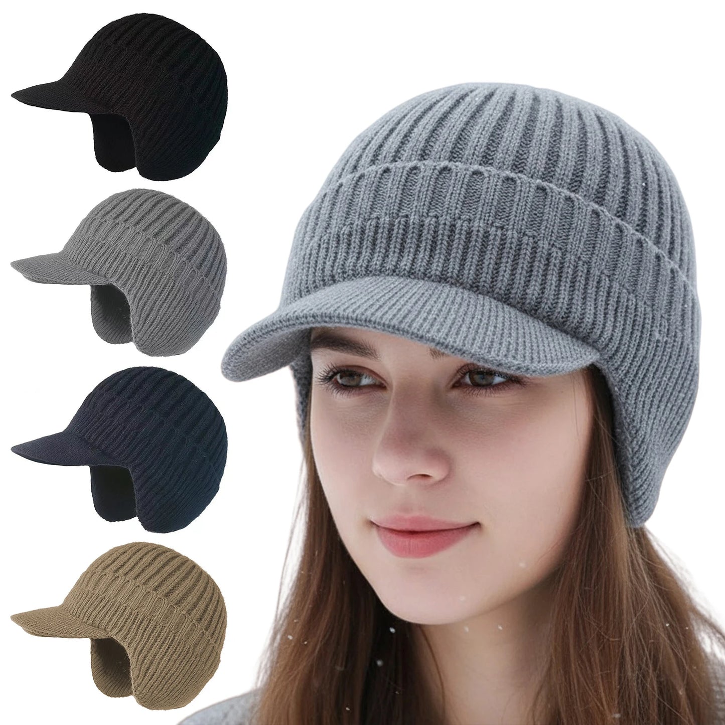 Winter Warm Fleece Lined Knit Hat W/Brim & Ear Flaps Stocking Caps Soft Beanie Hat For Women Men for Cold Weather Outdoor Sports