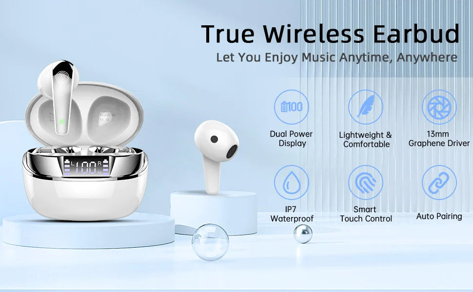 Wireless Earbuds, Bluetooth 5.3 Headphones Sports Headphones In Ear with ENC Noise Cancelling Mic, 30H Playback , LED Display.