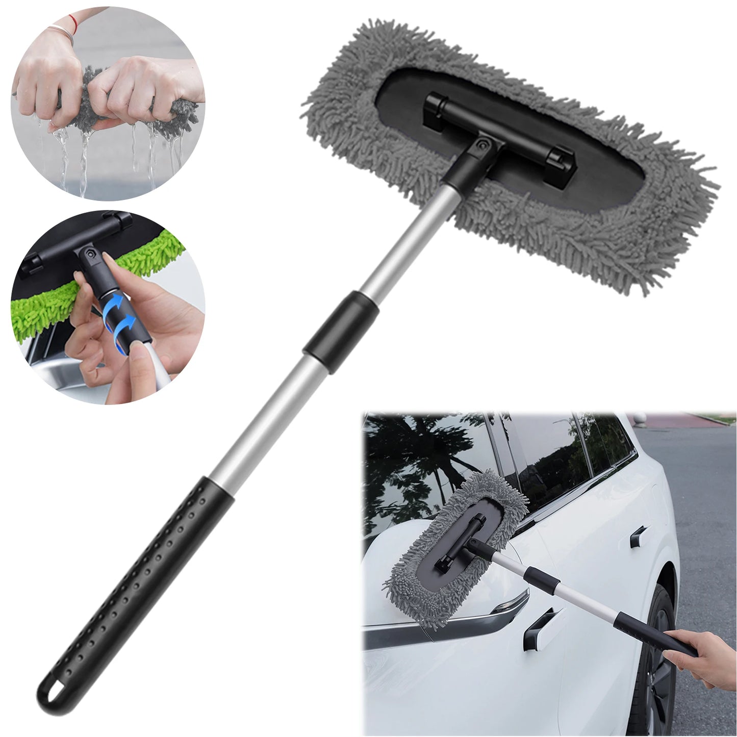 Interior Windshield Cleaning Tool with 180 Degree Rotatable and Extendable Handle Auto Inside Glass Wiper Kit for Cars
