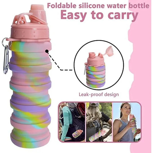 500ML Portable Retractable Silicone Bottle Folding Water Bottles Outdoor Travel Drinking Cup with Carabiner Collapsible Cups