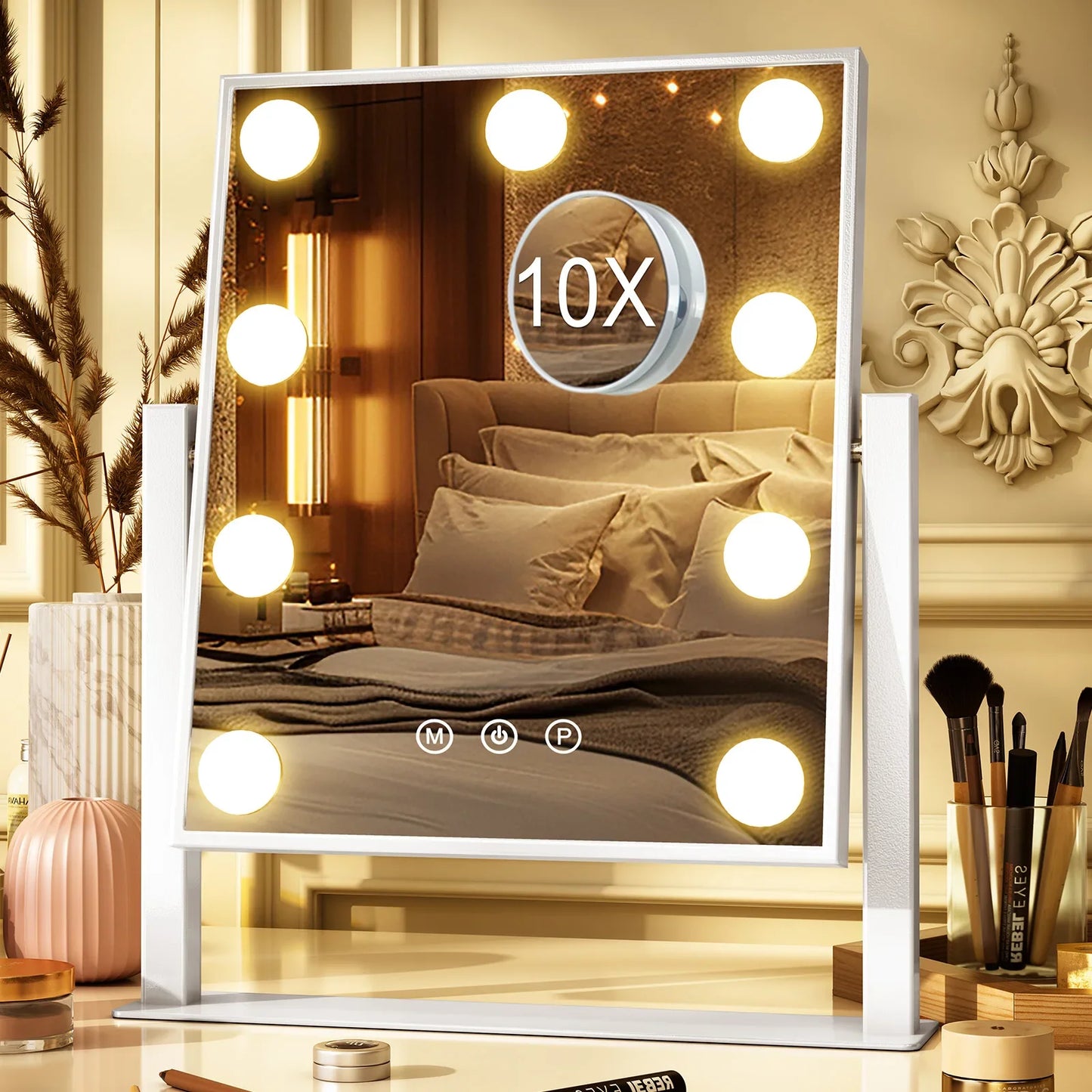 Vanity Mirror Hollywood Light up Makeup Mirror with LED Bulbs Dimmable 3 Modes 360° Rotation Magnifying Mirror 10x