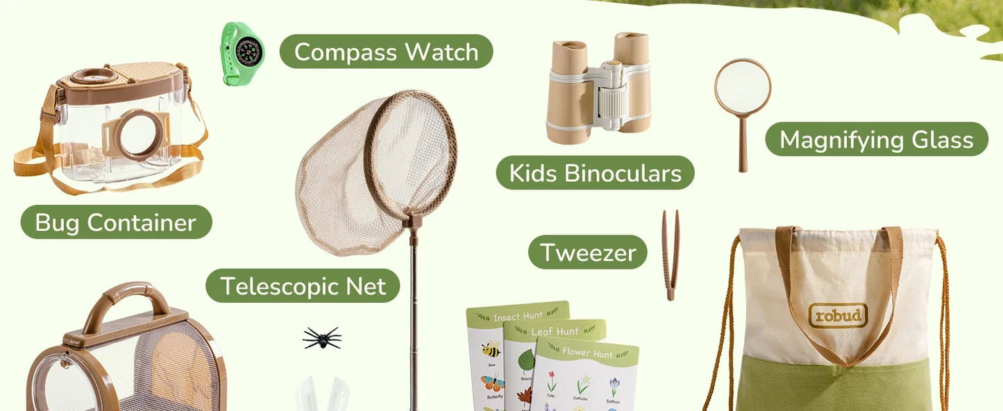 Robud Upgraded Kids Explorer Kit with Costume Kit Green Outdoor Exploration Set for Camping Montessroi Toy for Kids WRP30