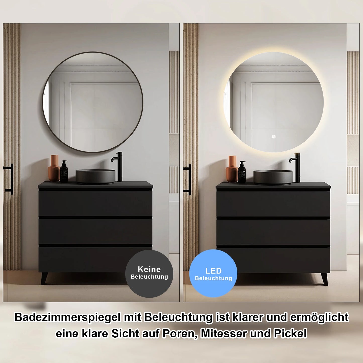 LED Bathroom Mirror Round Vanity Mirror With Backlit Lights Wall Mounted Dimmable 3 Color Lighting IP54