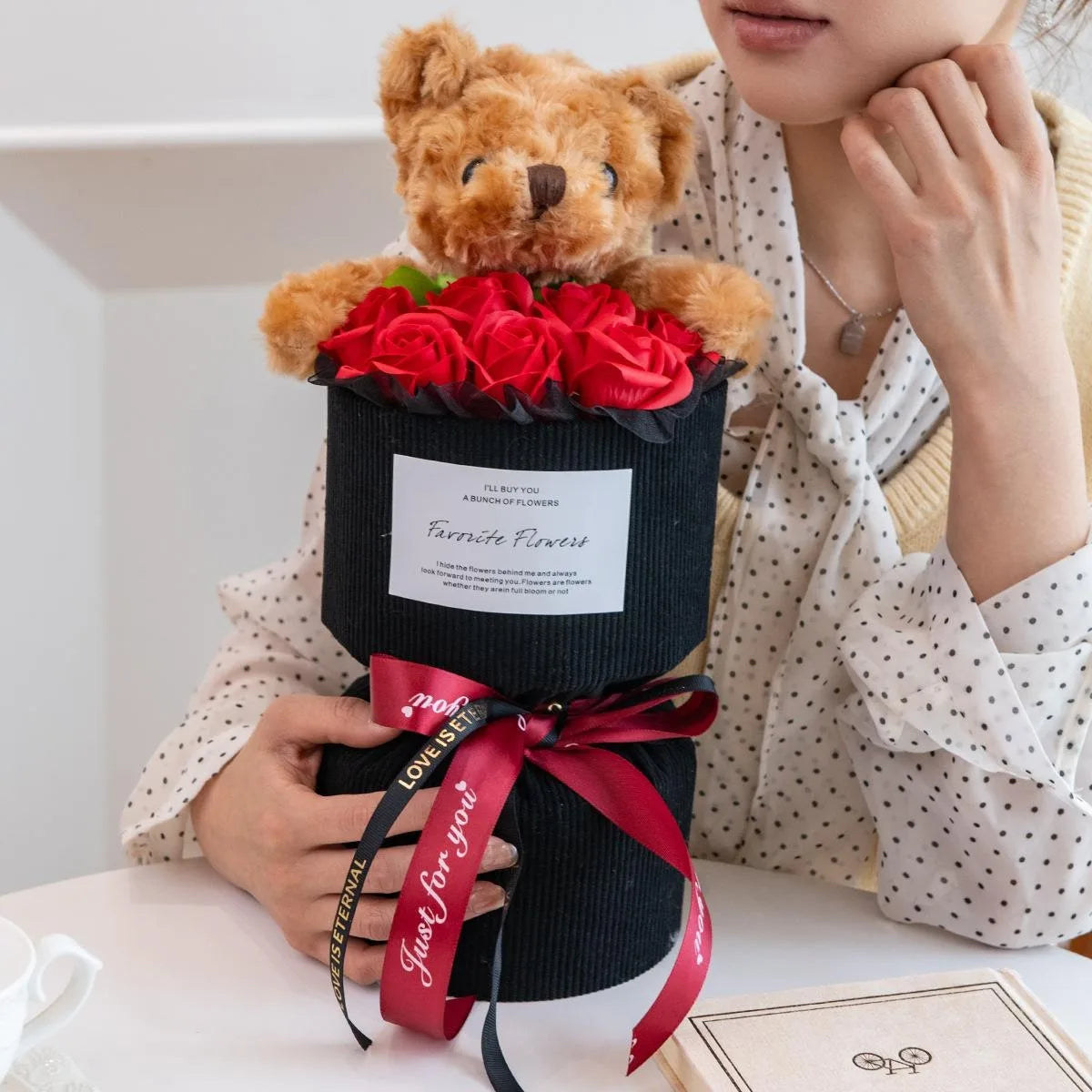 Valentine's Day Gift for Her Rose Bouquet with Cute Bear Artificial Flower Home Decor for Living Room Bedroom Wedding Decoration