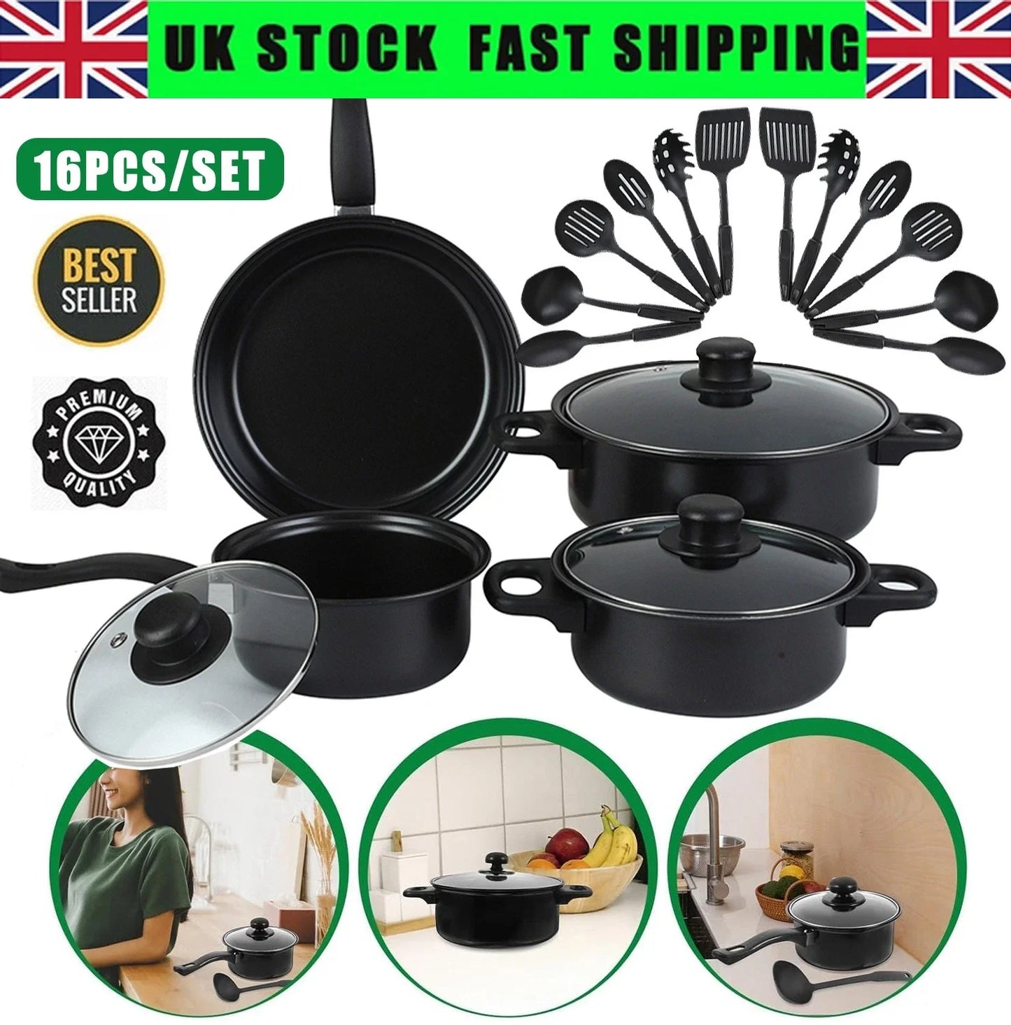 16-Piece Non-Stick Cookware Set Milk Pot Maifan Stone Frying Pan with Lid Stackable Pot Set for All Types of Cooker Xmas Gift