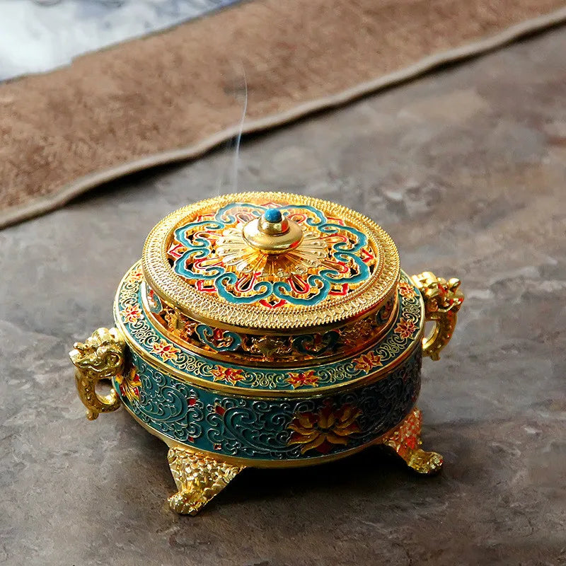 Copper Alloy Antique Incense Burner Aromatherapy Incense Burner Sandalwood Embossed Enamel Painted Temple Plate Incense Burner