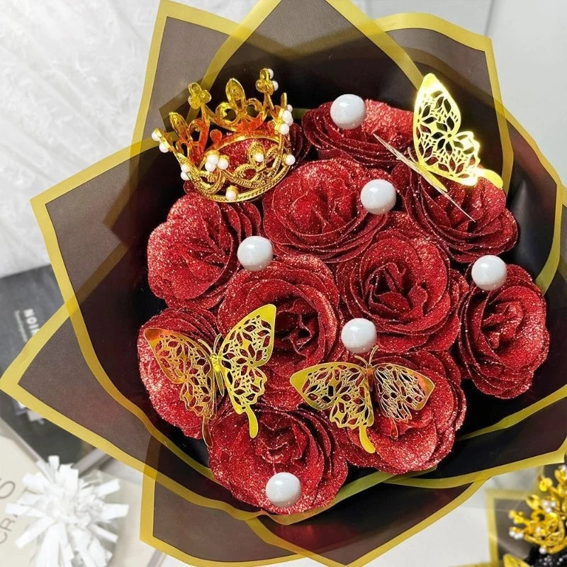 12/24PC Glitter Roses Artificial Flowers DIY Bouquet Everlasting Fake Flower for Wedding Anniversary Valentines Day Mothers Gift