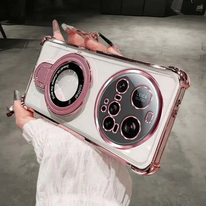 For Xiaomi 15 Ultra Case Magnetic Holder Luxury Plating Airbag Soft Silicone Transparent Camera Protection Shockproof Back Cover