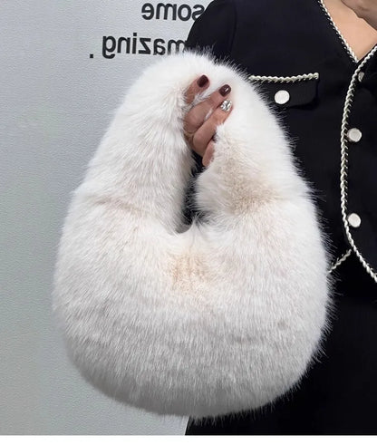 Winter Casual Furry Shoulder Bags for Women Solid Color Soft Plush Ladies Clutch Purse Handbags Lightweight Female Hobos Bag