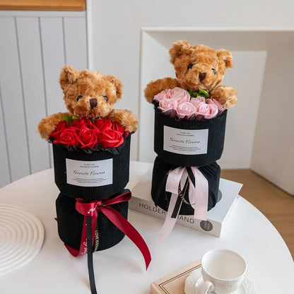 Valentine's Day Gift for Her Rose Bouquet with Cute Bear Artificial Flower Home Decor for Living Room Bedroom Wedding Decoration