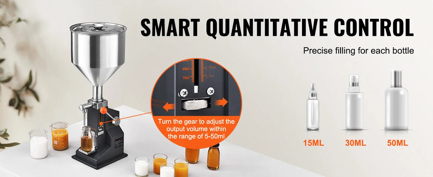 SucceBuy A03 5-50ml/5-100ml Manual Liquid Filling Machine Paste Bottle Filler Adjustable with Hopper for Water Shampoo Honey