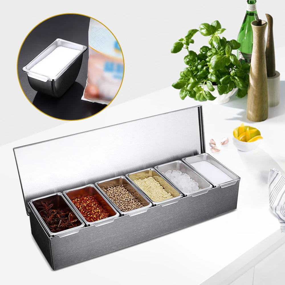 Ingredient Container With 6 Grids Kitchen Spice Box Set With Lid Stainless Steel Spice Container Fruit Box Food Container