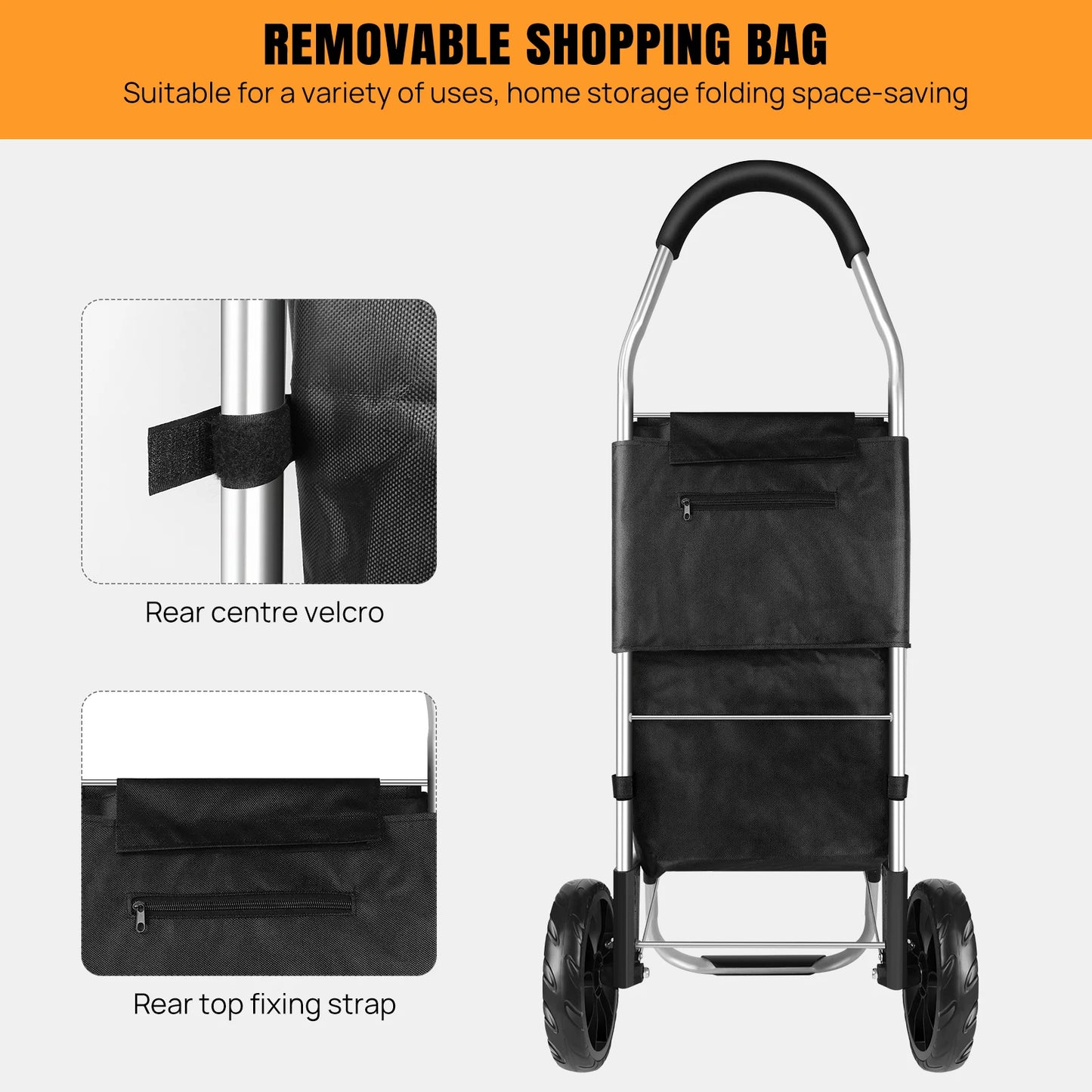 Foldable shopping trolley Lightweight aluminium shopping trolley Comes with removable shopping bag Waterproof fabric Mudguard