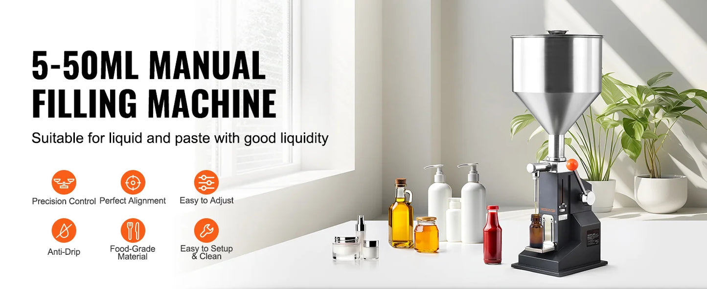 SucceBuy A03 5-50ml/5-100ml Manual Liquid Filling Machine Paste Bottle Filler Adjustable with Hopper for Water Shampoo Honey