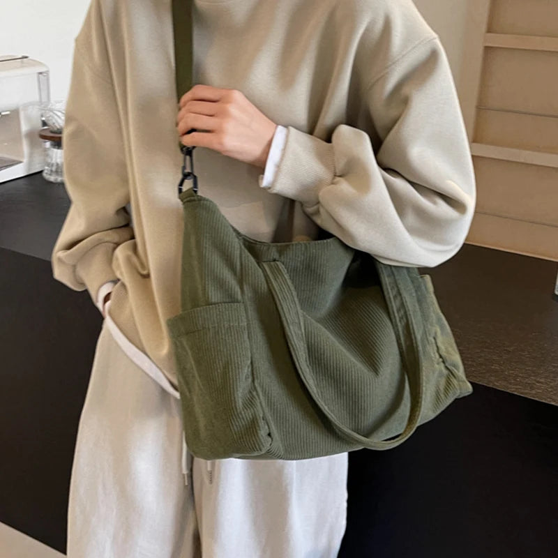 Women Corduroy Tote Bag Casual Multi Pocket Handbag Adjustable Strap Crossbody Sling Bag Zipper Shoulder Bag Fall Winter Bag
