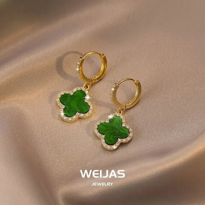 Green Four-leaf Clover Earrings Women's Gentle Fashionable Jewelry Ear Studs Autumn Winter Stylish Korean Trend