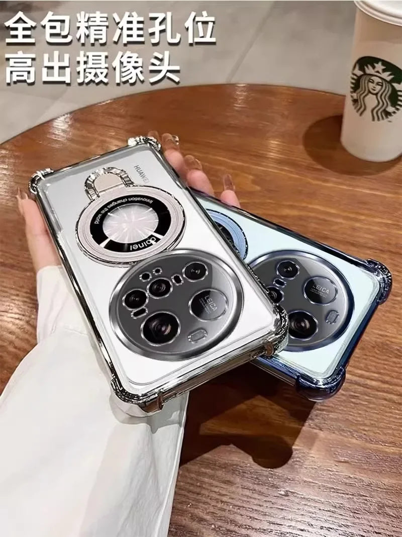 For Xiaomi 15 Ultra Case Magnetic Holder Luxury Plating Airbag Soft Silicone Transparent Camera Protection Shockproof Back Cover