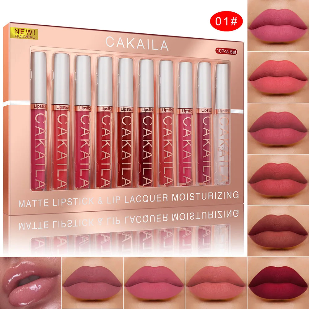 10 Pcs Matte Lipstick Lip Gloss Sets Long-Lasting Non-Fading Waterproof Non-stick Cup Exquisite Gift Everyday Holiday Universal