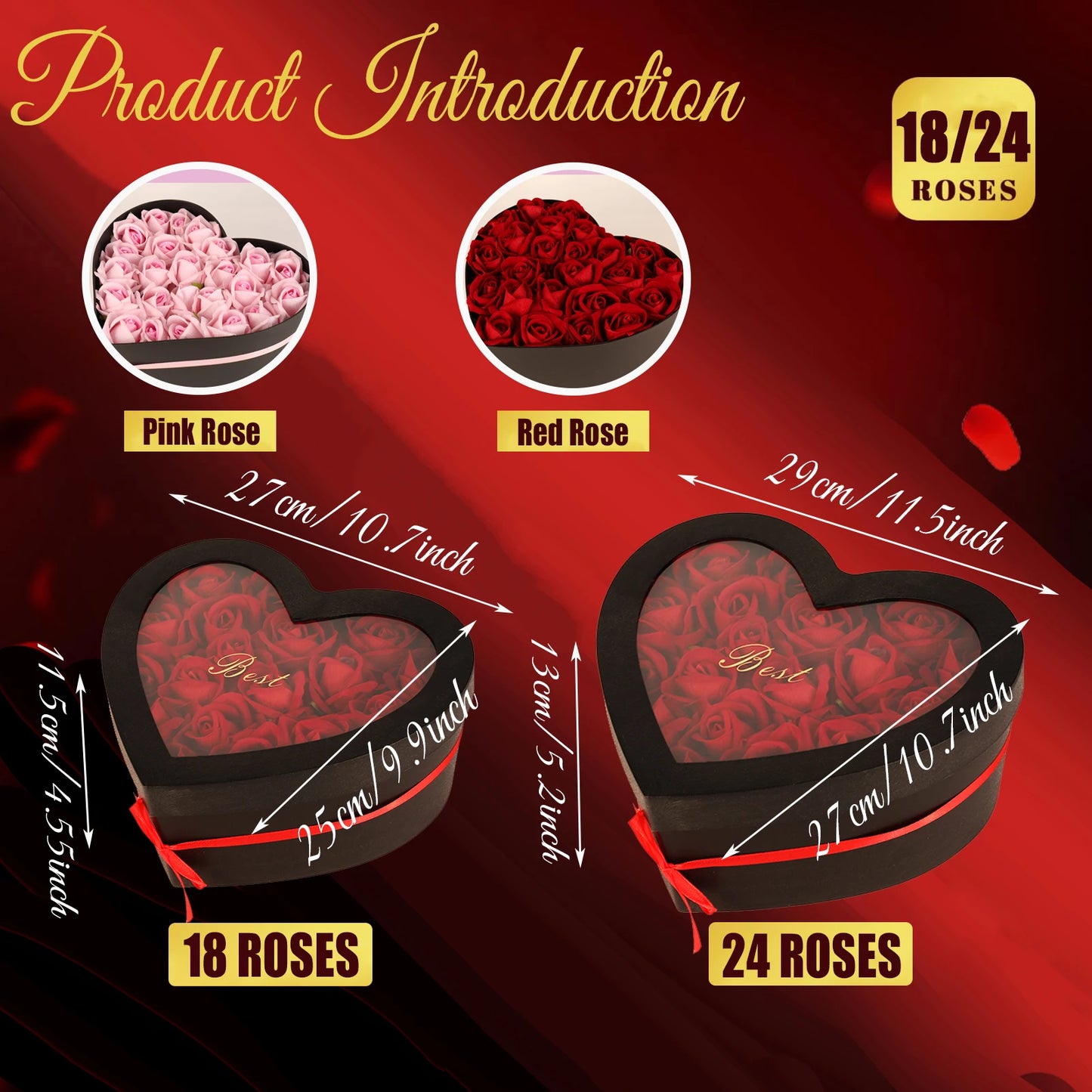 18/24PCS Heart Shape Roses Gift Box for Valentines Day Gifts Flowers Heart Shape Box for Her Mathers Day Forever Flower Birthday