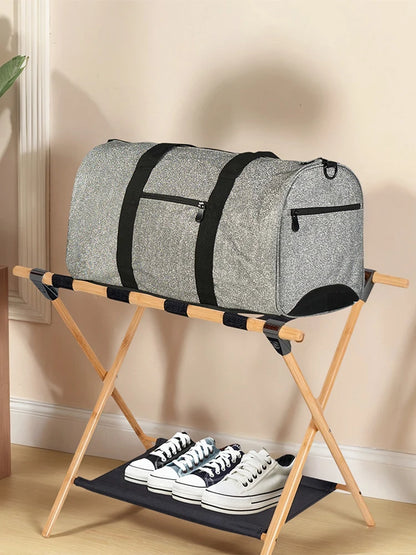 Bamboo Suitcase Stand Foldable Luggage Stand with Nylon Straps Suitcase Holder Suitable for Guest Room Bedroom Hotel