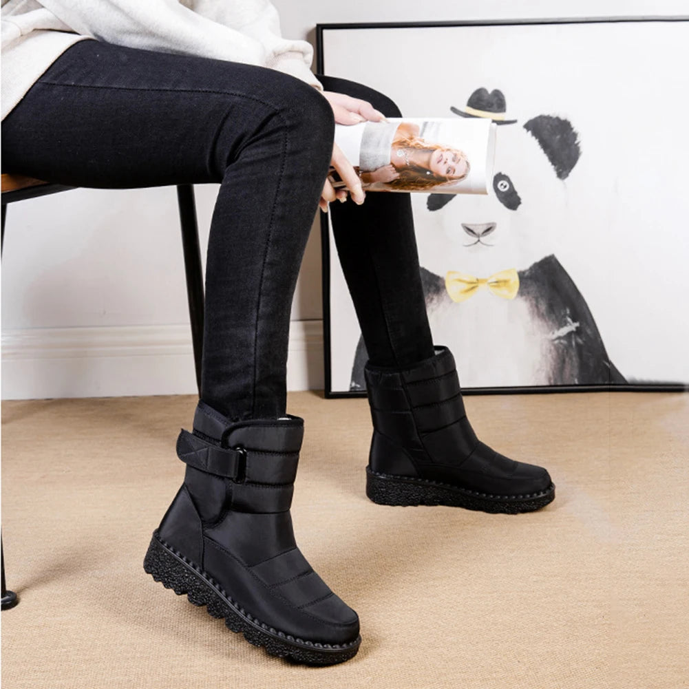 Women Warm Plush Fur Boots Waterproof Ladies Winter Snow Boots with Hook&Loop Plush Lined Gifts for Mother Friends