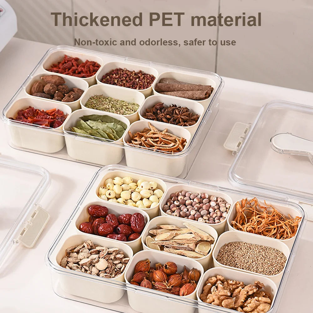 Divided Serving Tray Food Dispenser Kitchen Storage Box 9 Compartments Snack Box for Candy, Nuts, Cookies, Fruit Storage Box