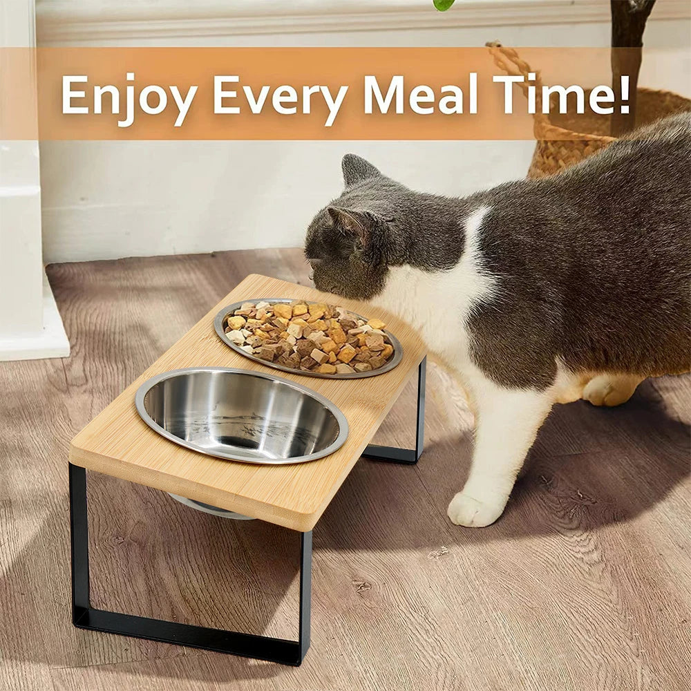 Elevated Cat Bowls 15° Tilted Raised Cat Food Bowls with Wooden Stand Anti Vomiting 2 Stainless Steel Bowls for Cats and Puppy